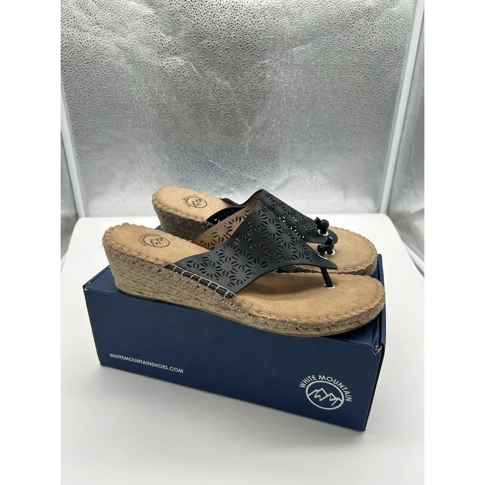 New White Mountain Beaux Perforated Thong Espadrille Wedge Sandals Black Size 11